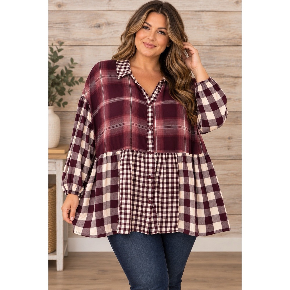 Cato Women's 22/24W Burgundy Plaid Gingham Babydoll Tunic Top Plus Size Rayon